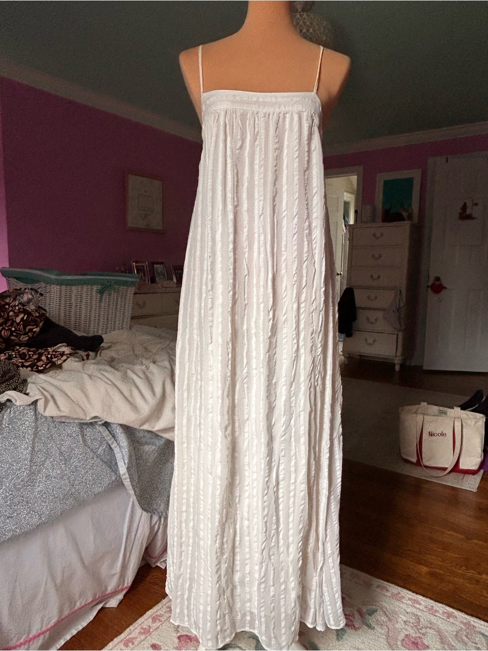 Zara White Spaghetti-Strap Textured Maxi Dress